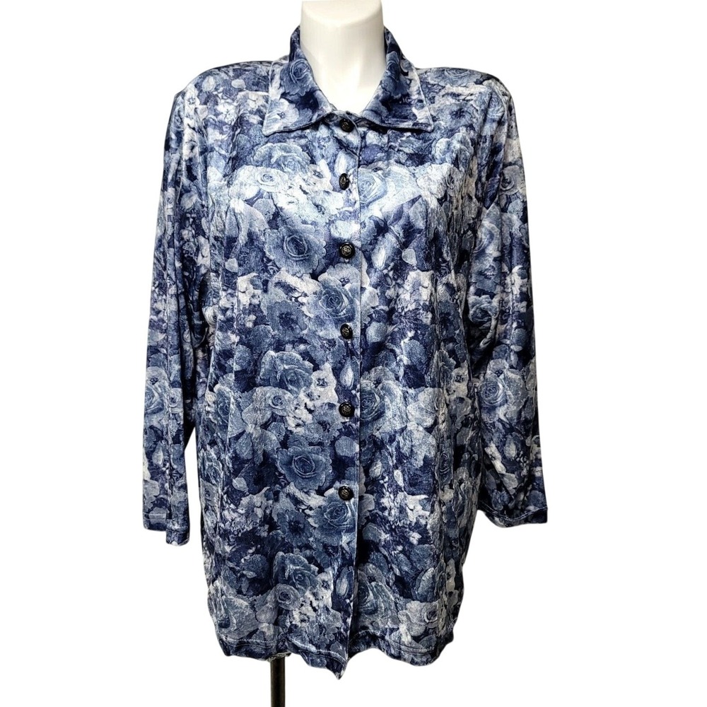 Cervelle Womens 2X Vintage 90s Blue Floral Rose Velvet‎ Button Down Shirt USA